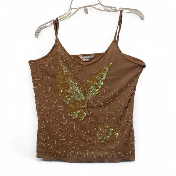 Vintage Y2K Beige Tan Butter Sequin Tank Top size Medium - Picture 1 of 7